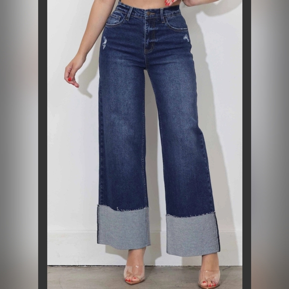 #068 🛑1,3,5,7,9 NEW! BOHO, MOST FABULOUS, CHIC, SEXY Cuff Up Wide Leg Jeans - Picture 4 of 6